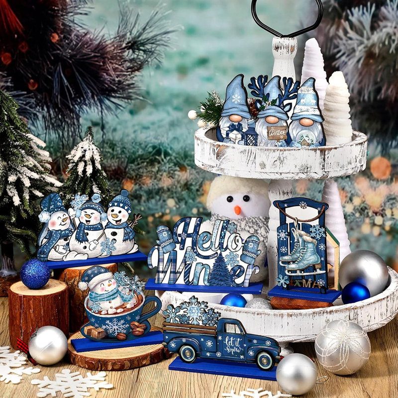 Blue and White Winter Tiered Tray with Gnomes and Snowmen — Christmas Tiered Tray