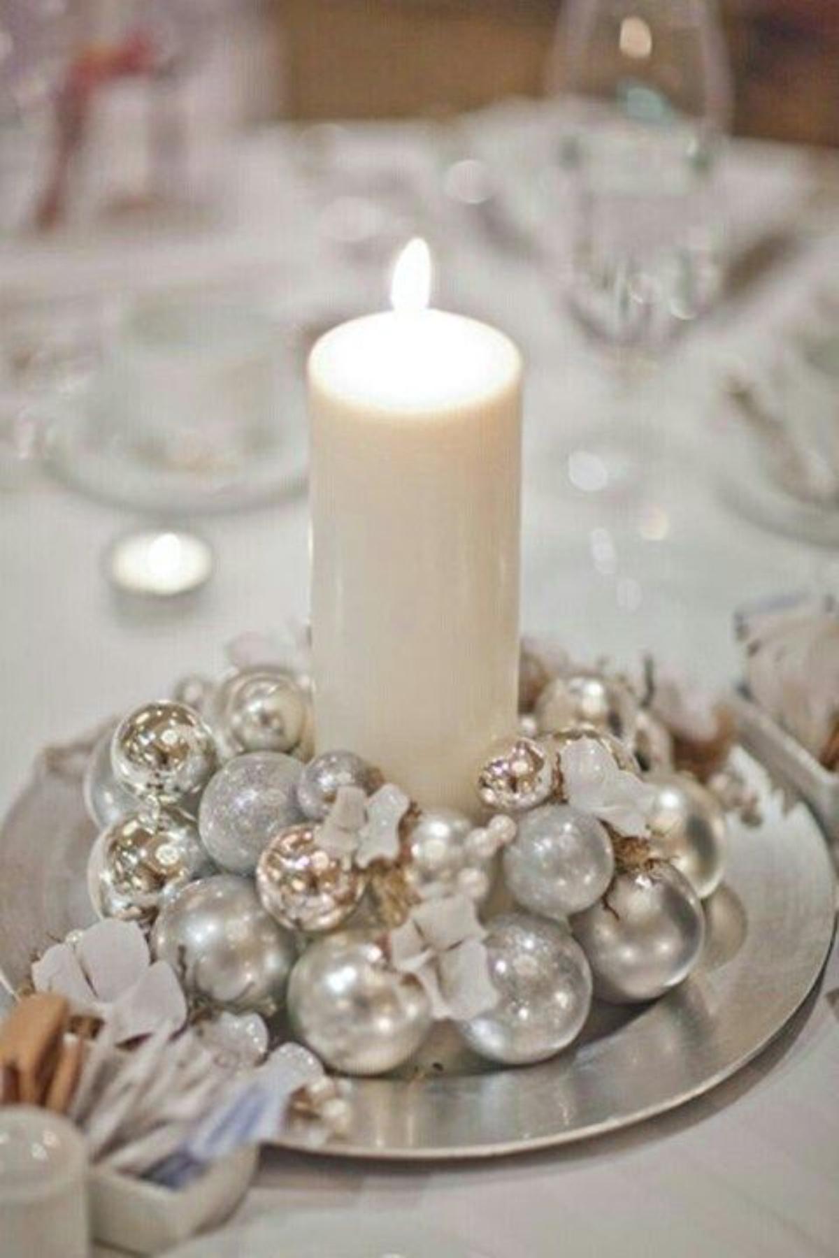Compact Bauble and Candle Arrangement on a Mirrored Tray Compact Bauble and Candle Arrangement on a Mirrored Tray — Christmas Wedding Centerpiece