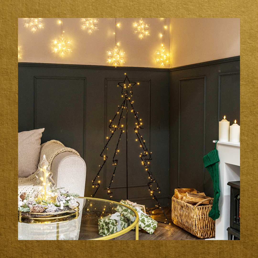 Modern Wireframe Christmas Tree Illuminated with Fairy Lights — Christmas Lights Indoor