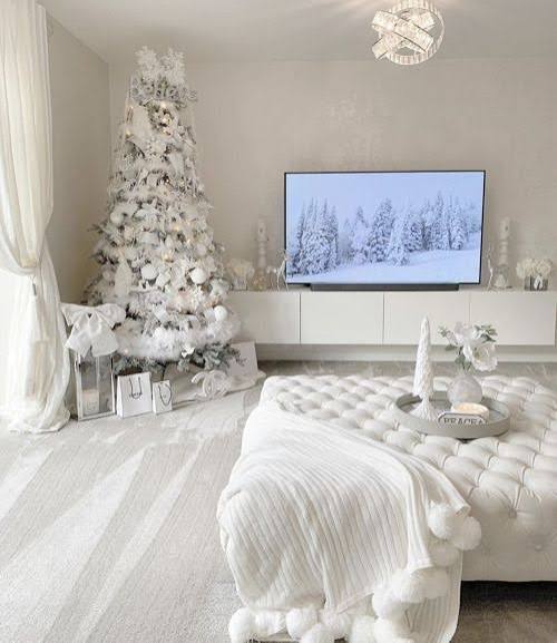 Open Plan Living Area Modern Luxury Living Room with an Abundant White Christmas Tree Open Plan Living Area Modern Luxury Living Room with an Abundant White Christmas Tree — White Christmas Decor