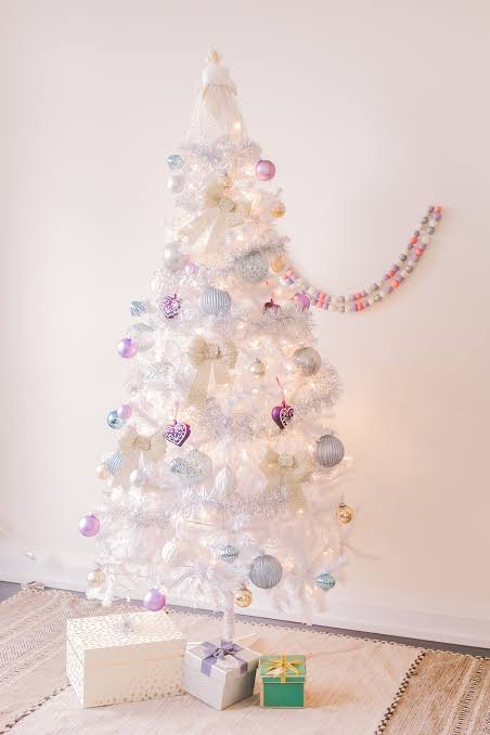 Whimsical White Tree with Pastel Purple and Gold Ornaments Whimsical White Tree with Pastel Purple and Gold Ornaments — White Christmas Tree Decor