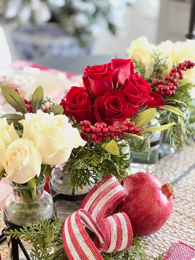 Elegant Cluster of Rose and Berry Vases with Pomegranate Elegant Cluster of Rose and Berry Vases with Pomegranate — Simple Christmas Centerpiece