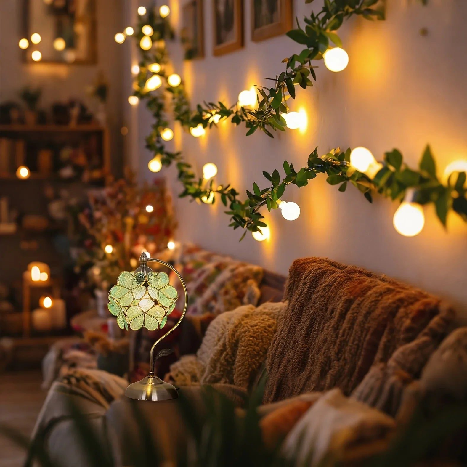 Boho Vine Garland with Fairy Lights Above Sofa Boho Vine Garland with Fairy Lights Above Sofa — Christmas Lights in Garland Indoor