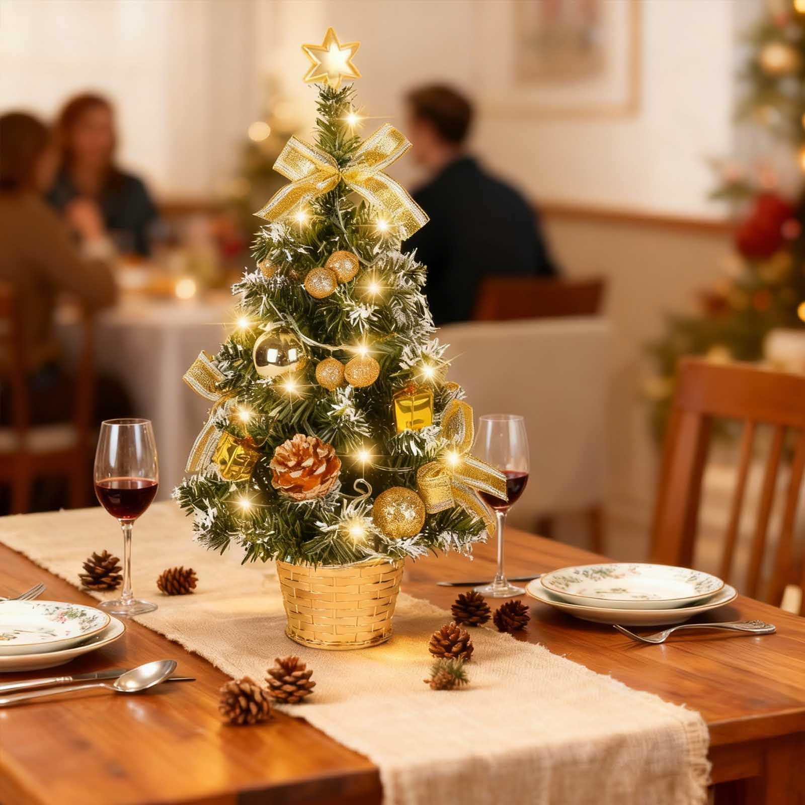 Mrinb 45CM Small Christmas Tree with Lights,Mini Desktop Decoration Tree with Star Tree Topper, Balls, Bows, Pine Cones for Home Office Shopping Bar
