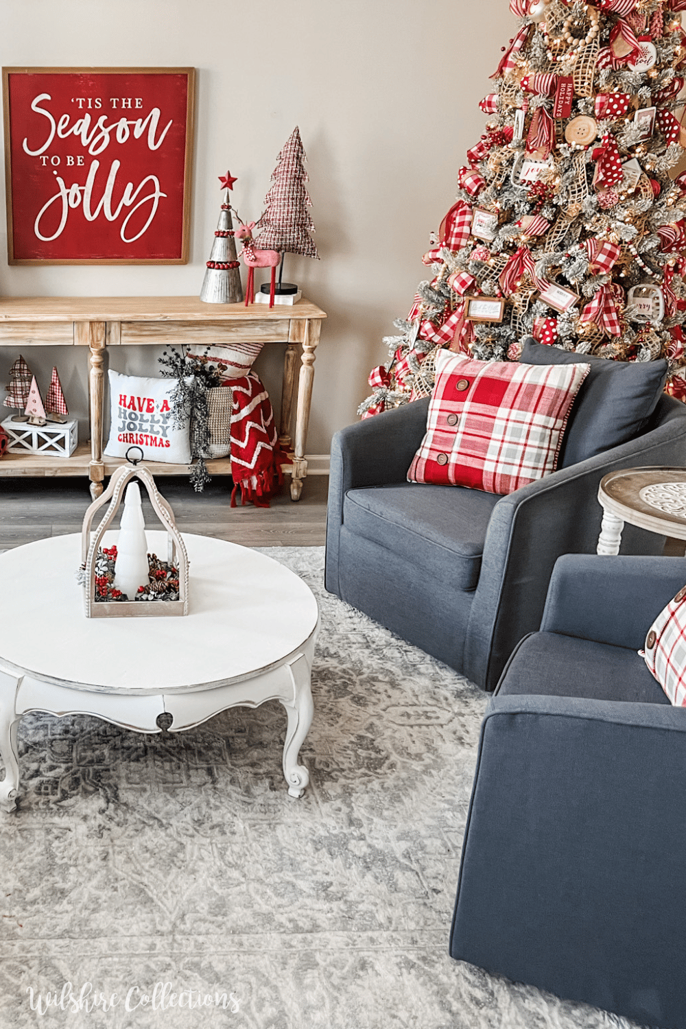 Farmhouse Living Room Seating Area with Red and White Buffalo Check Accents — Christmas Living Room Decor