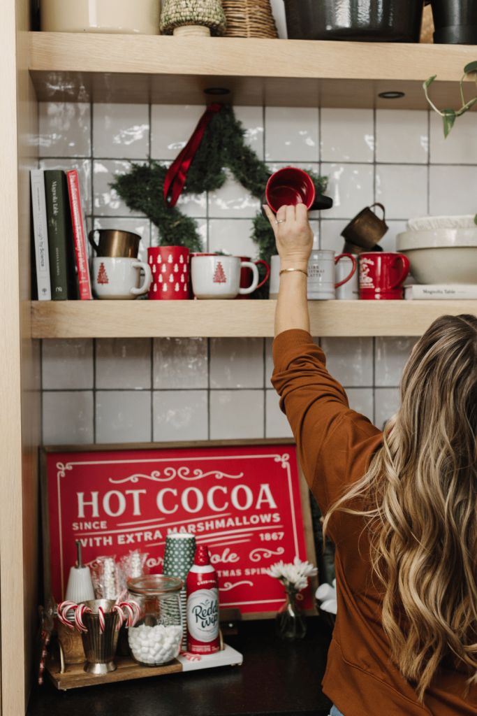 Modern Farmhouse Hot Cocoa Bar on Wooden Shelves Modern Farmhouse Hot Cocoa Bar on Wooden Shelves — Christmas Hot Cocoa Bar