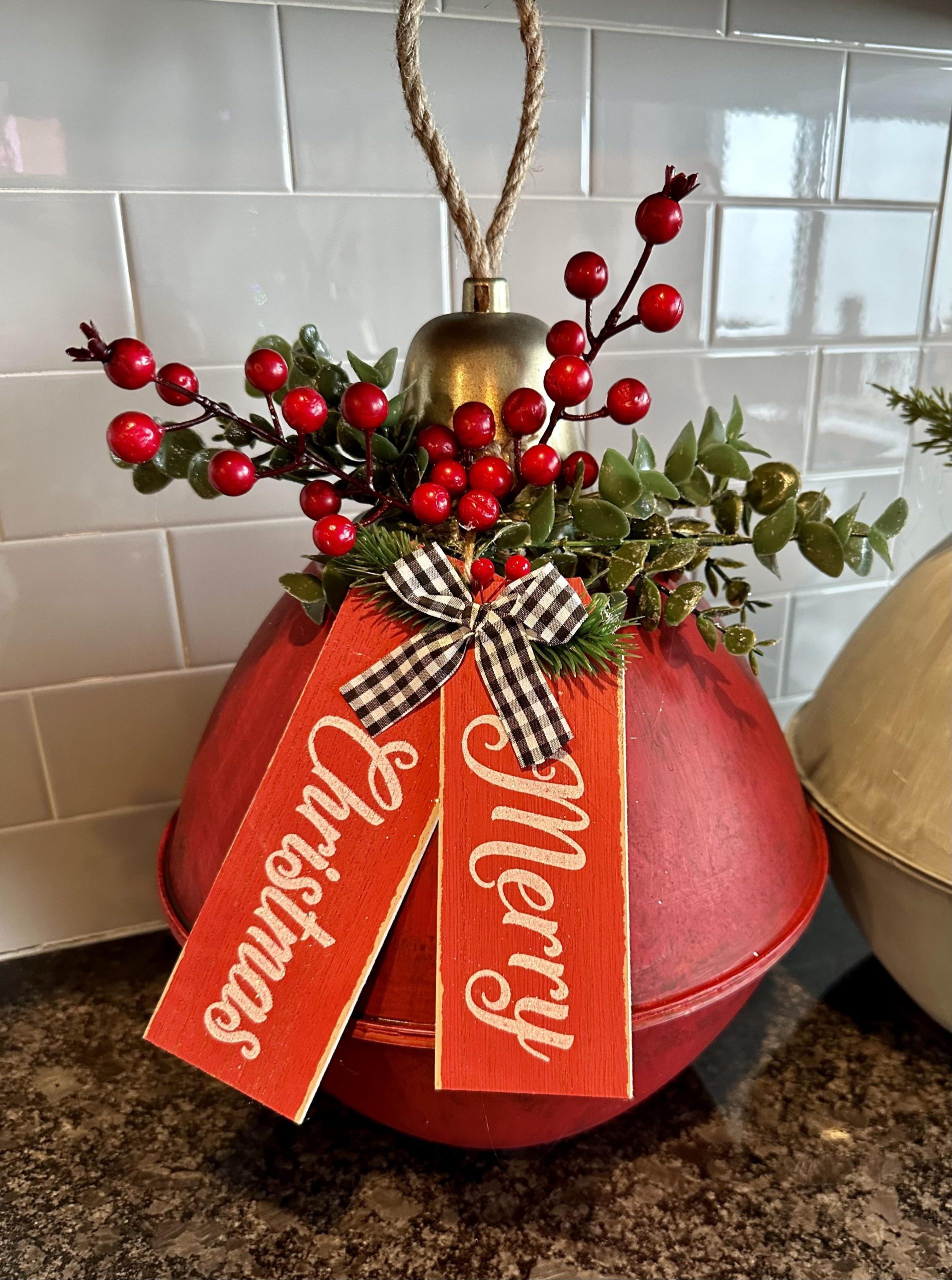 Oversized Red Bell Christmas Ornament with Festive Accents — Dollar Tree Christmas Decor
