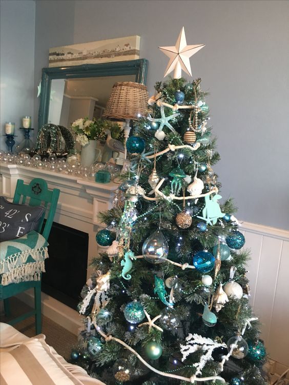 Abundant Coastal Ornaments on a Living Room Tree — Coastal Christmas Tree