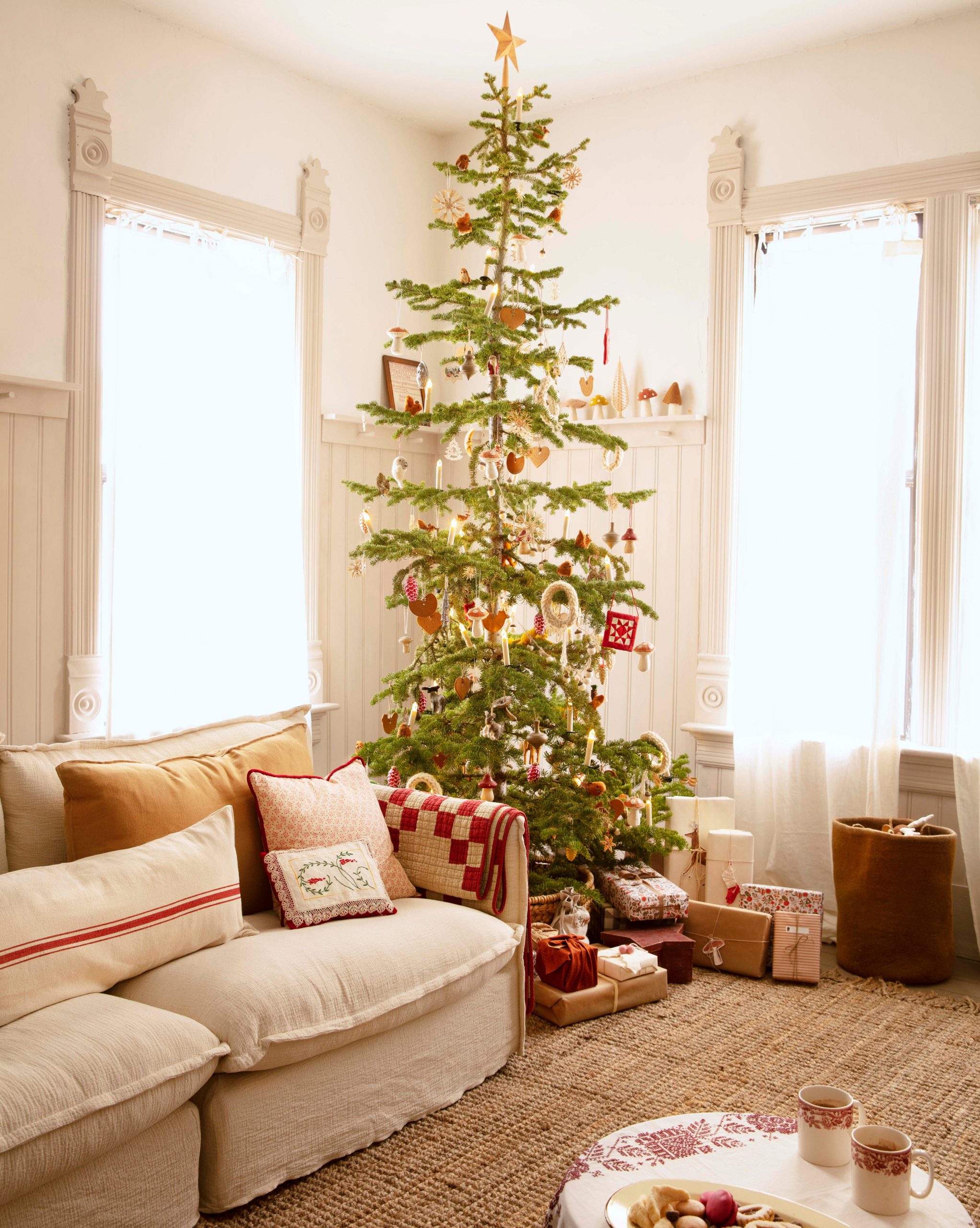 Living Room with Cream Sofa and Red Accents — Rustic Christmas Decor
