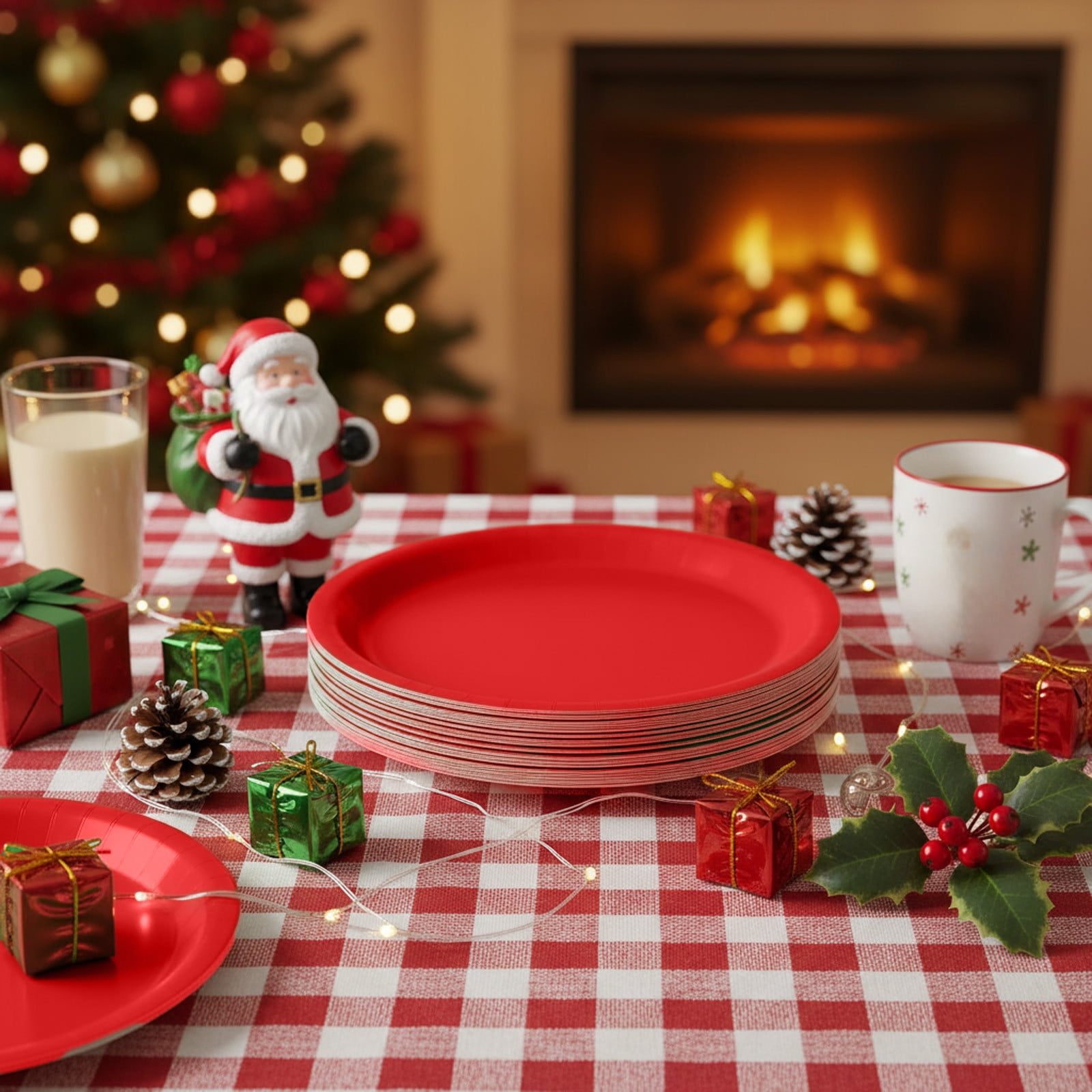 Checked Tablecloth and Santa Figure for a Classic Christmas Party — Christmas Party Decor