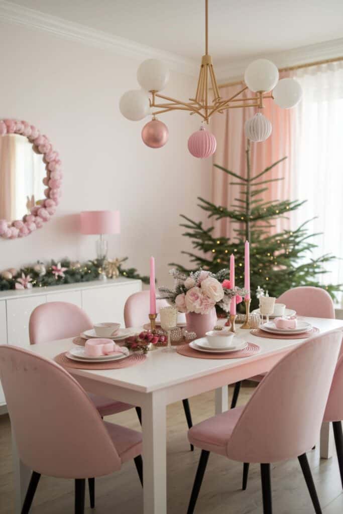 Modern Dining Room with Pink Velvet Chairs and Greenery — Christmas Dining Room Decor