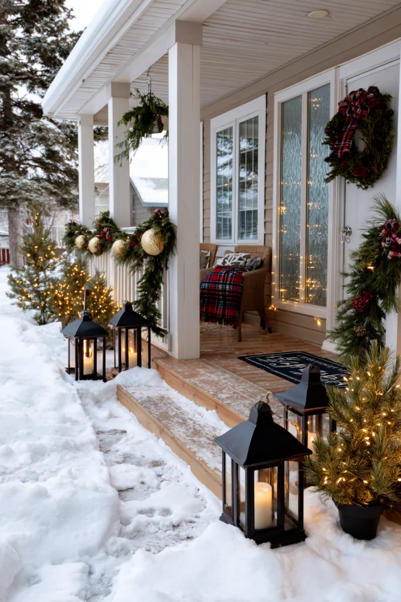 Traditional Porch Pathway Illuminated by Black Lanterns and String Lights — Christmas Porch Lanterns