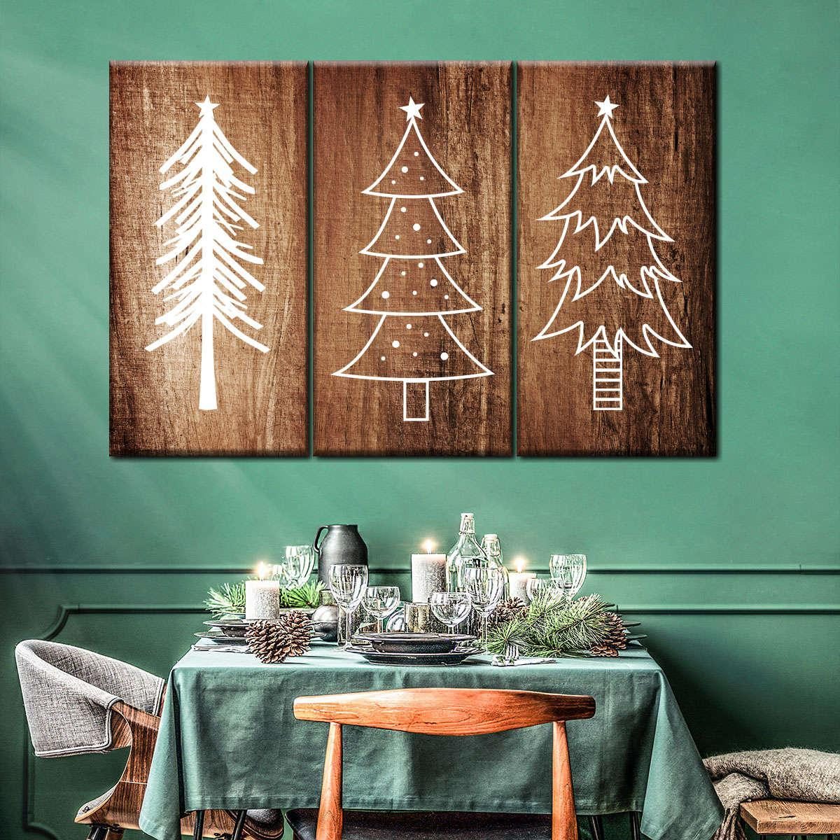 Rustic Triptych of Christmas Trees on Wood — Christmas Wall Decor