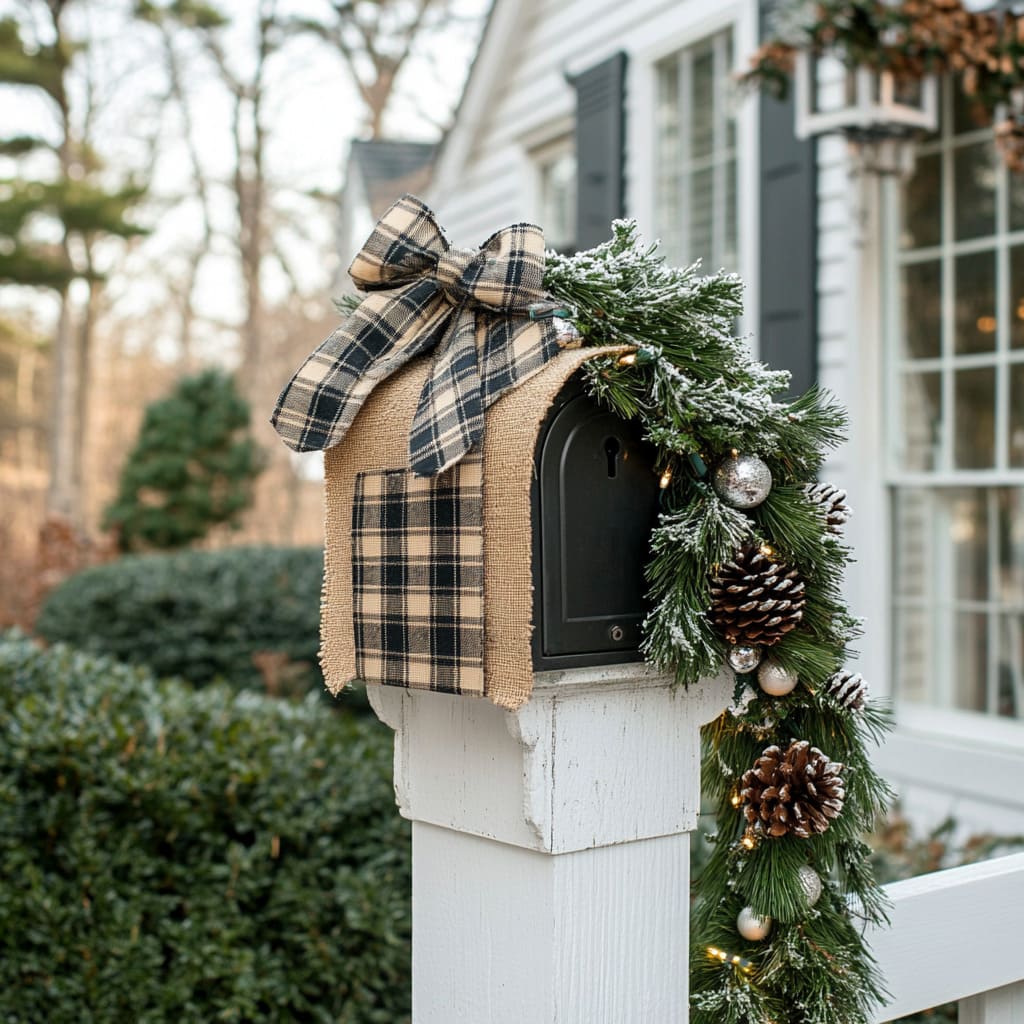 Farmhouse Christmas Mailbox with Plaid Bow and Frosted Garland — Christmas Mailbox Decor