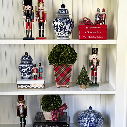 Mix of Nutcrackers and Ginger Jars on Shelves — Nutcracker Christmas Decor