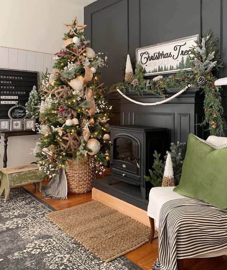 Farmhouse Mantel with Contrasting Dark Fireplace and Rustic Decor — Christmas Mantel Decor