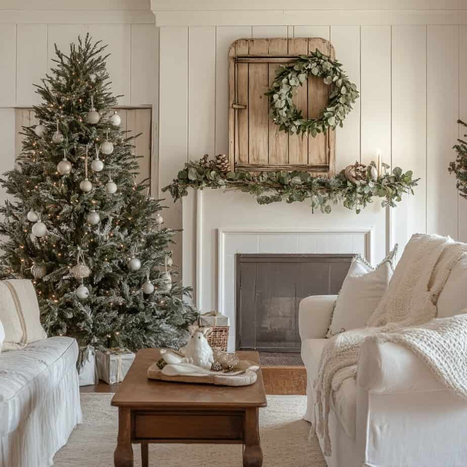 Flocked Farmhouse Tree with Neutral Decor and White Sofas — Rustic Christmas Tree