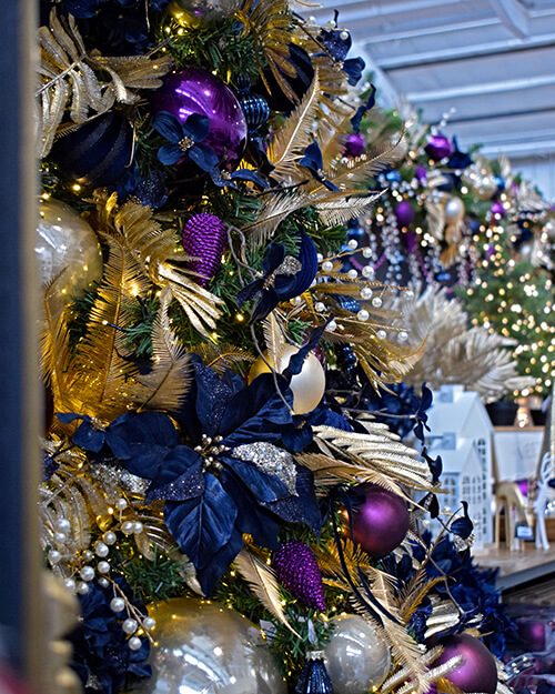 Glamorous Christmas Tree with Navy Poinsettias — Blue Christmas Decor