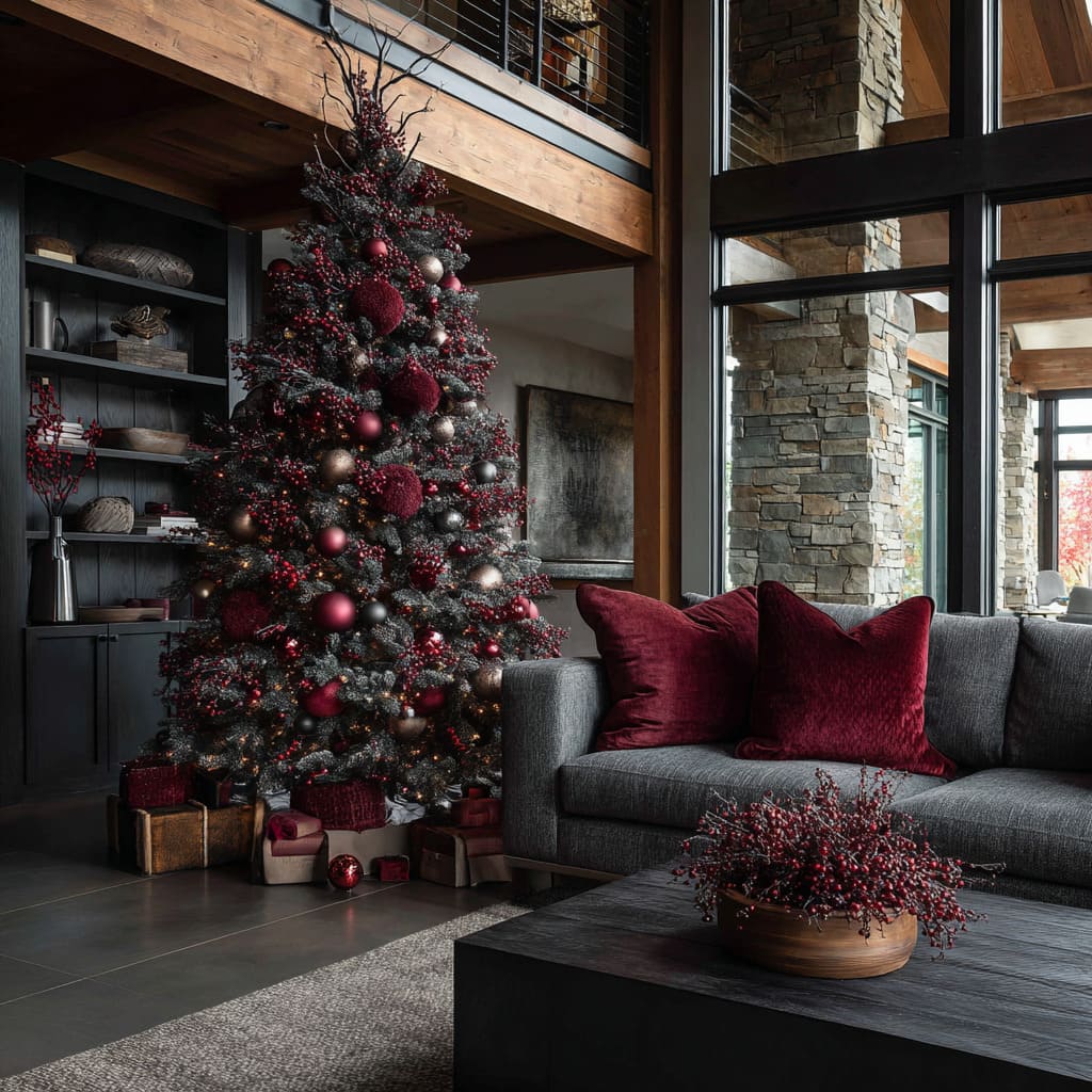 Dramatic Dark Flocked Tree with Deep Red Accents Dramatic Dark Flocked Tree with Deep Red Accents — Christmas Tree Themes