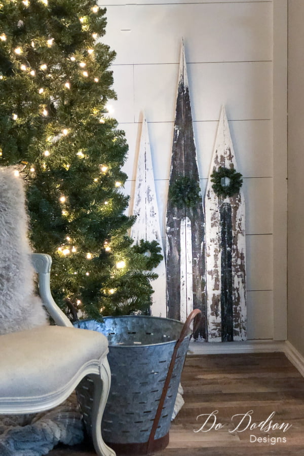 Rustic Wooden Trees and Galvanized Bucket Decor — Rustic Christmas Decor