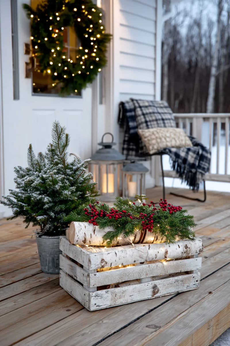 Cozy Farmhouse Porch with Illuminated Birch Logs and Lanterns — Farmhouse Christmas Porch