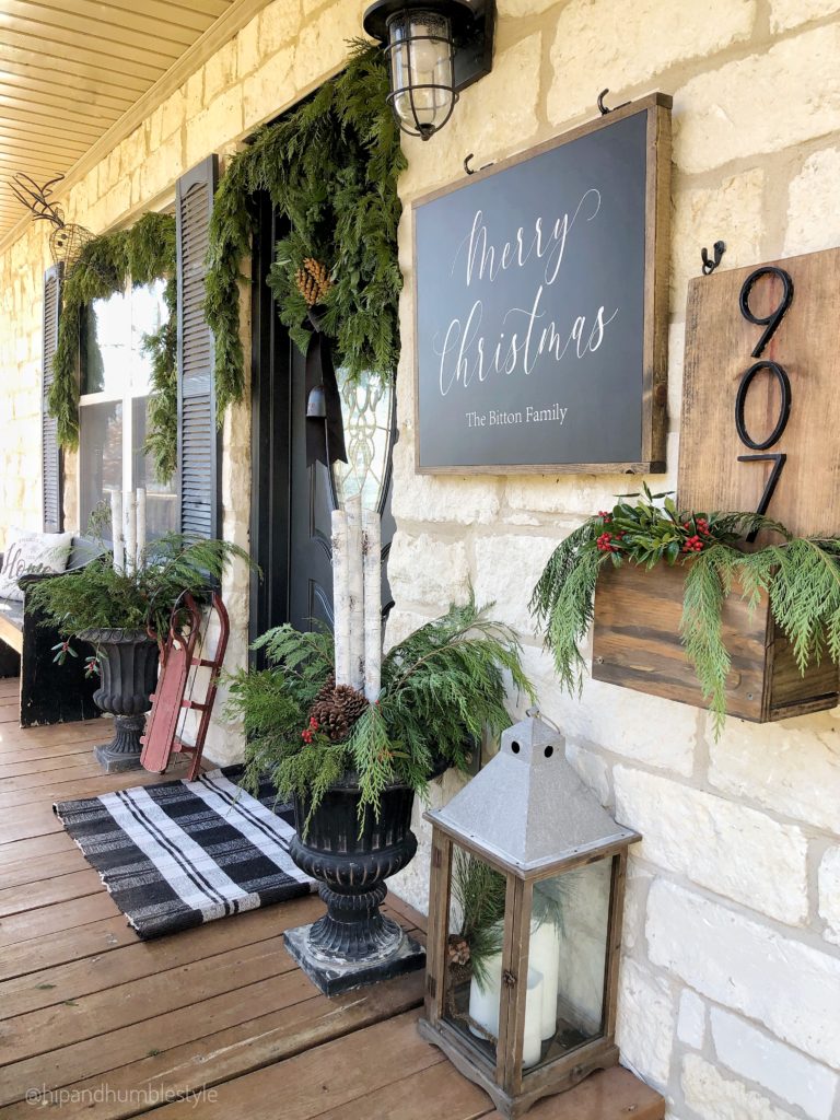 Rustic Porch with 'Merry Christmas' Chalkboard Sign — Christmas Porch Decor