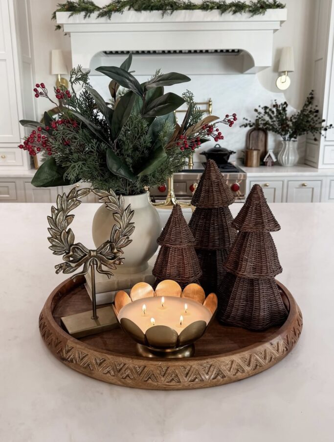Modern Farmhouse Vignette with Wicker Trees and Brass Accents — Christmas Centerpiece