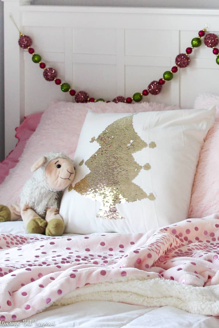 Sequined Christmas Tree Pillow and Fluffy Sheep Toy — Kids Bedroom Christmas Decor