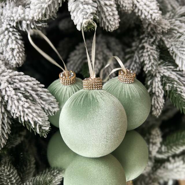 Luxurious Sage Green Velvet Baubles with Rhinestones — Sage Green Christmas Decor