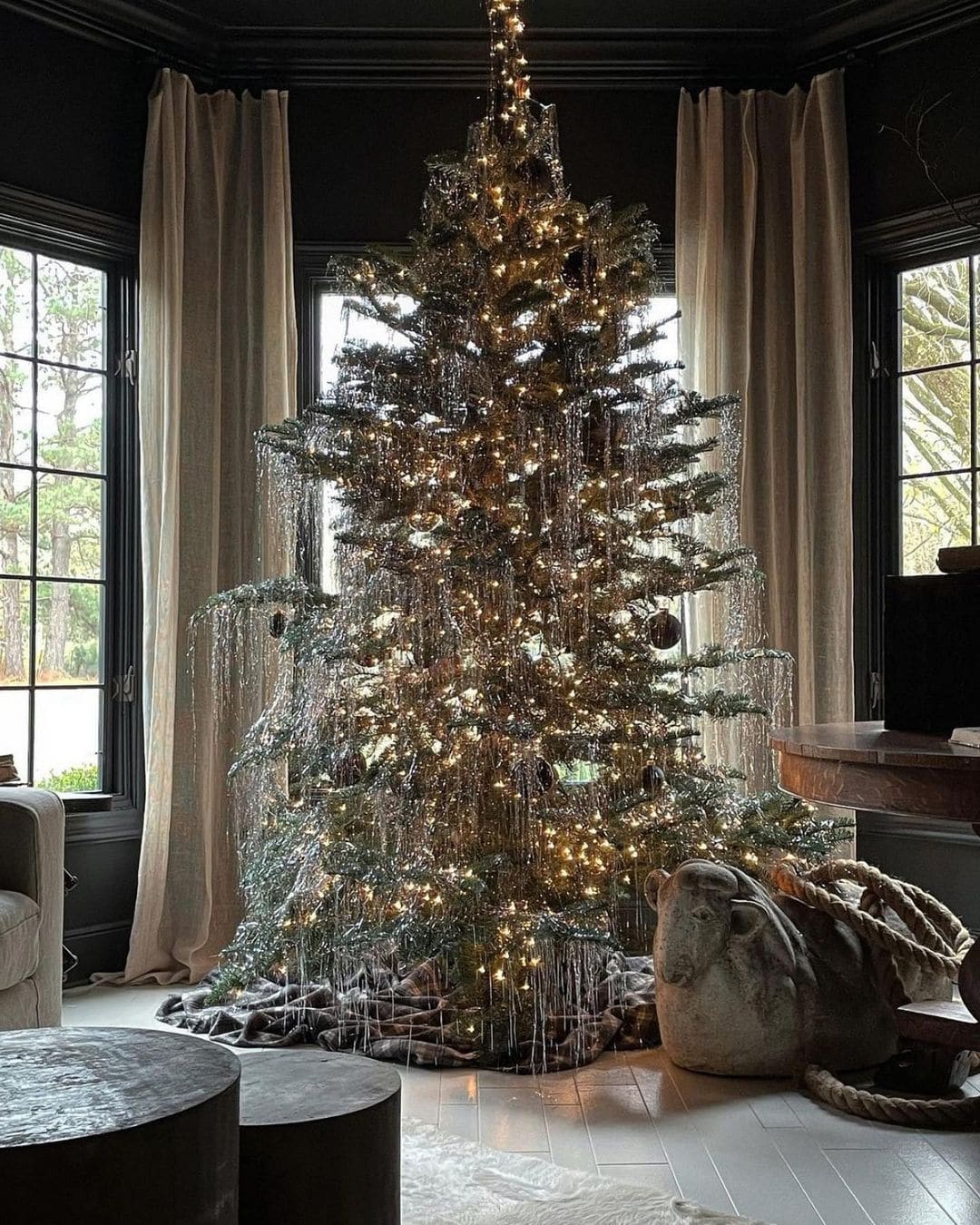 Dramatic Tinsel Christmas Tree with Floor-to-Ceiling Windows — Vintage Christmas Tree