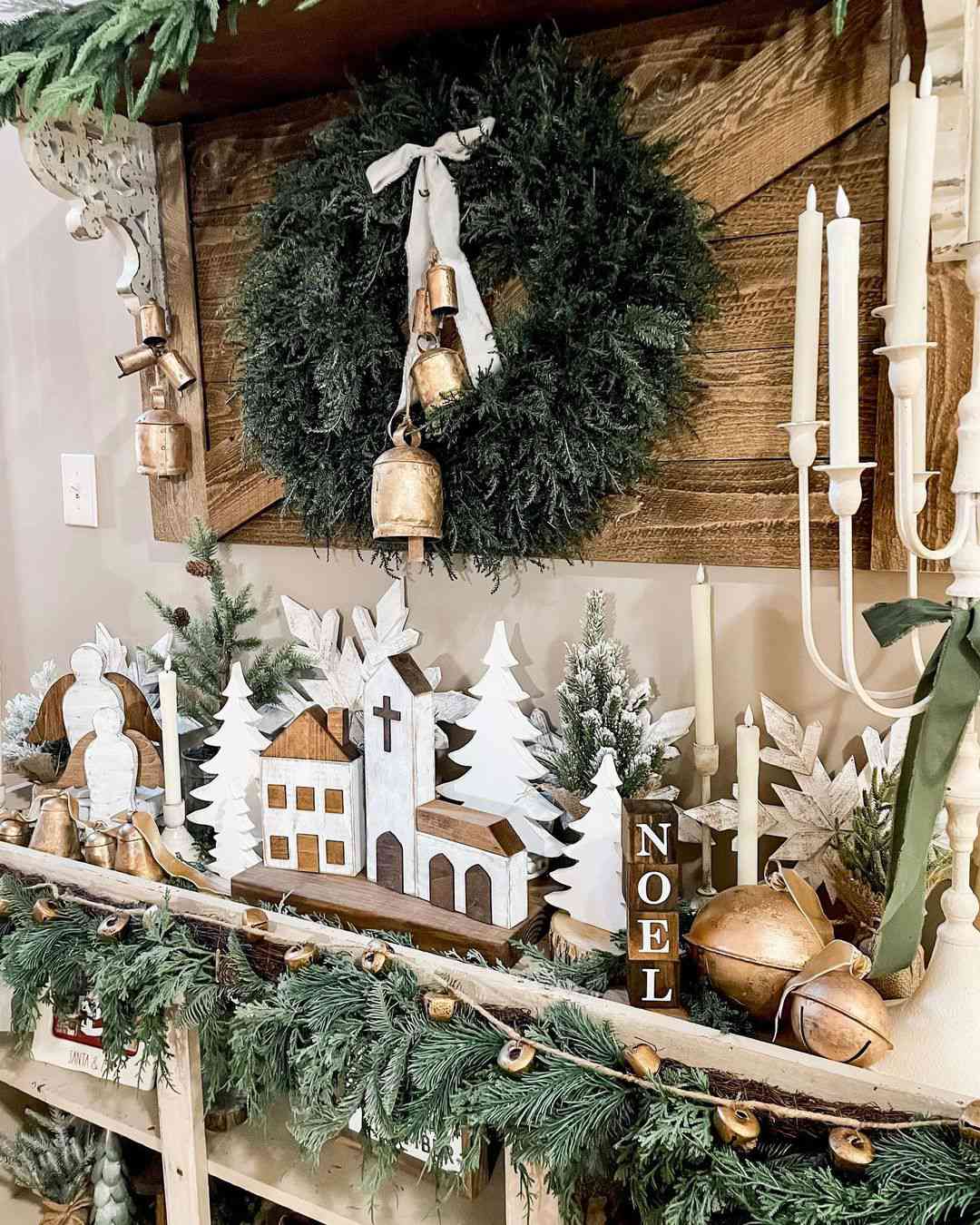 Farmhouse-Style Village Layers on a Mantelpiece — Christmas Village Display