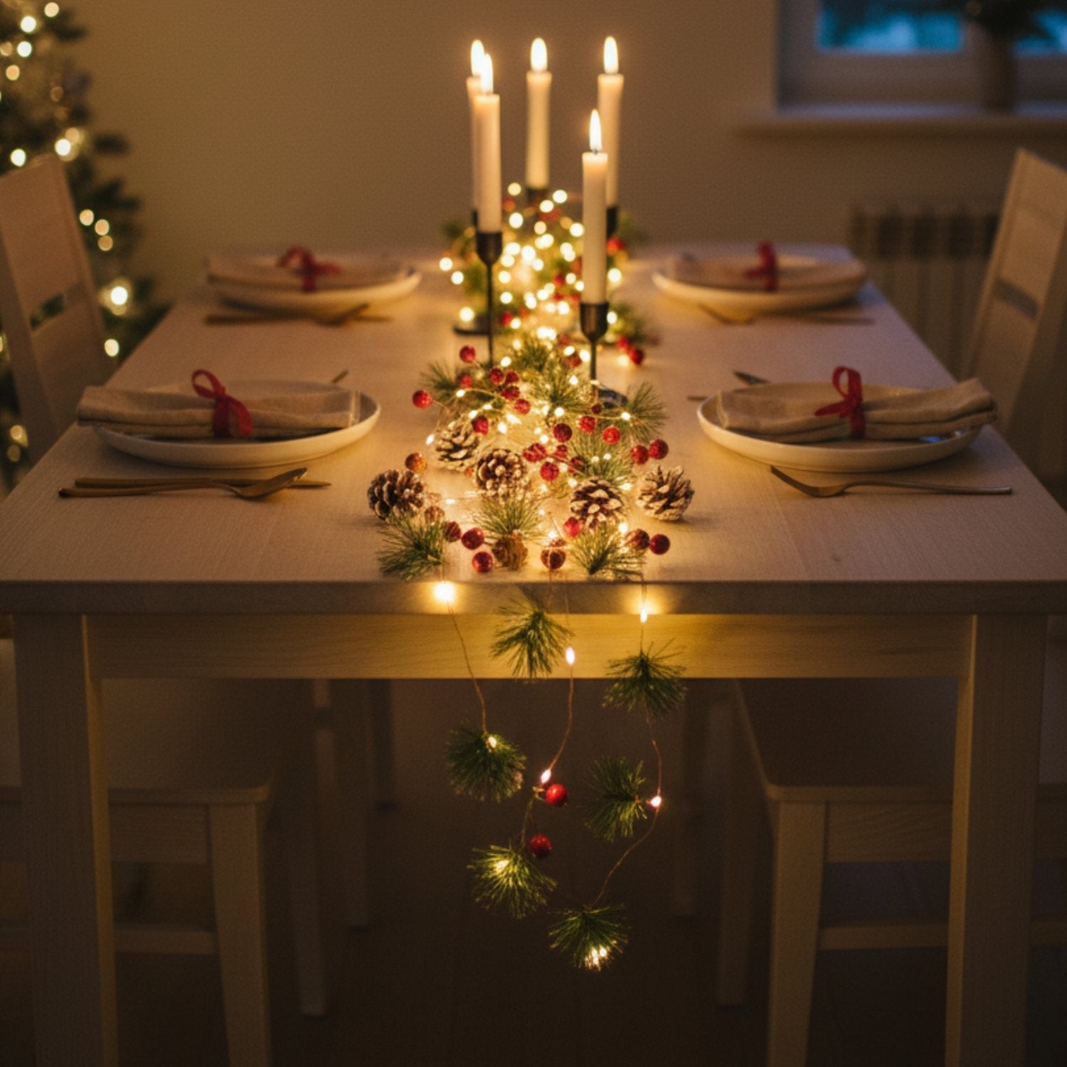 Dining Table Runner with Pine and Fairy Lights — Christmas Fairy Lights Living Room