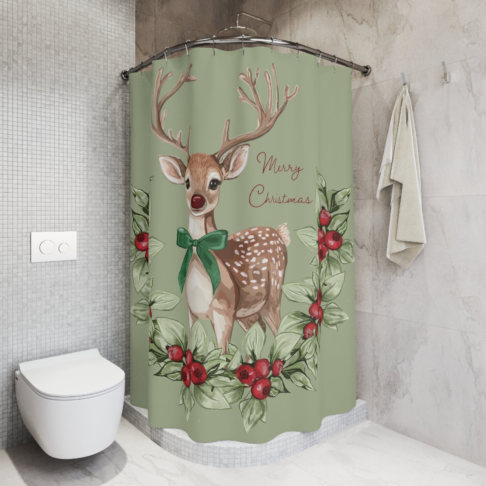 Illustrated Sage Green Shower Curtain with Reindeer — Christmas Bathroom Decor