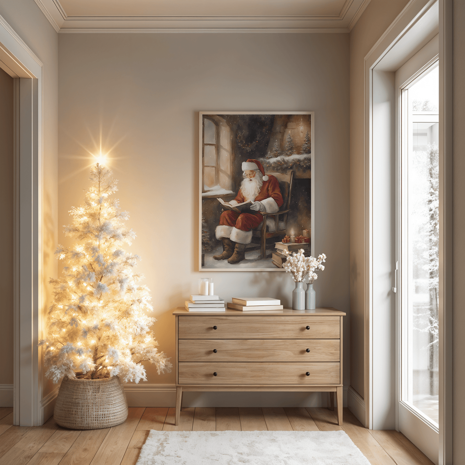Traditional Hallway with Santa Artwork and Lit Tree Traditional Hallway with Santa Artwork and Lit Tree — Christmas Entryway Decor