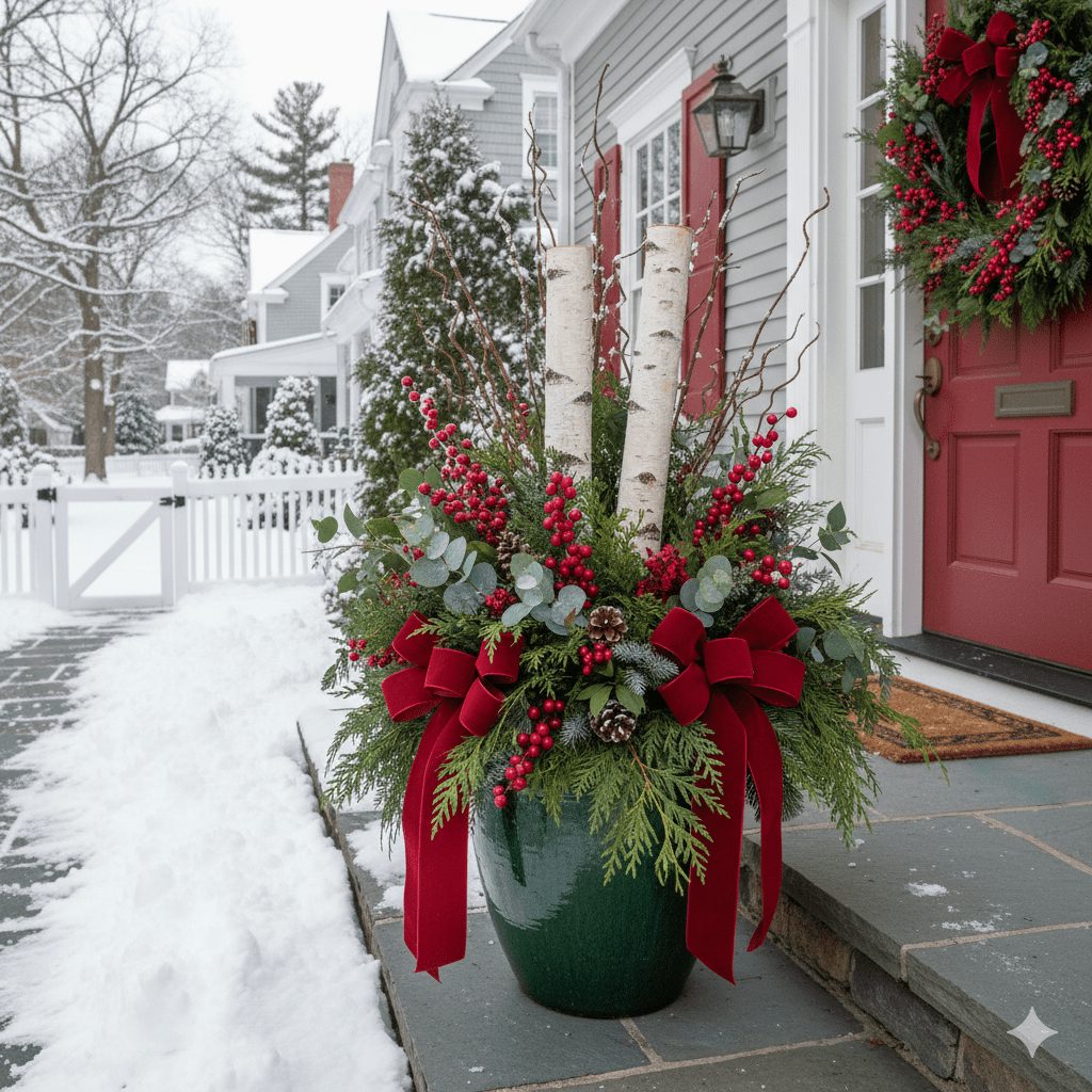 Large Green Ceramic Planter with Bold Red Velvet Bows Large Green Ceramic Planter with Bold Red Velvet Bows — Christmas Porch Planters