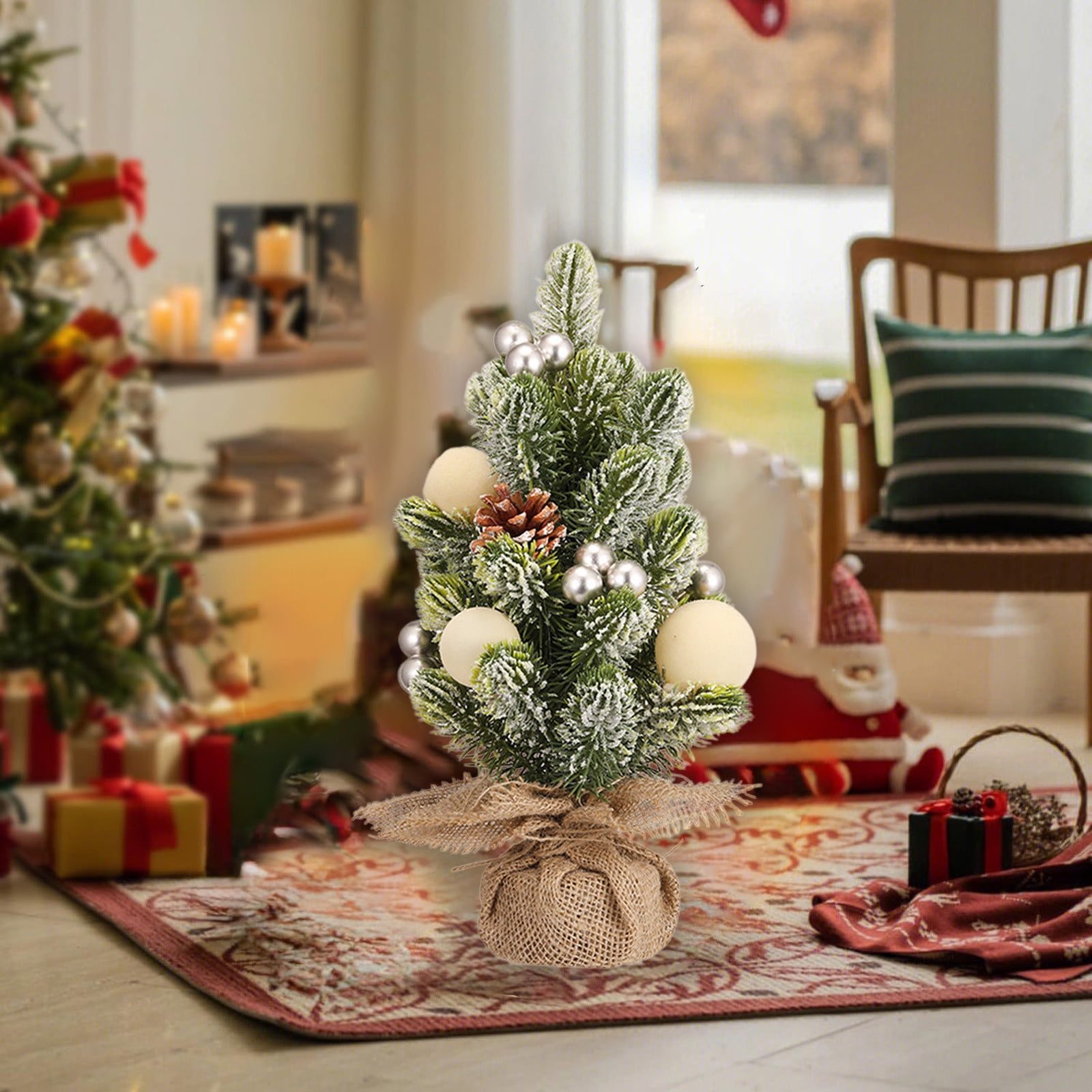Compact Frosted Tree with Silver Ornaments on a Rug — Small Christmas Tree Decor