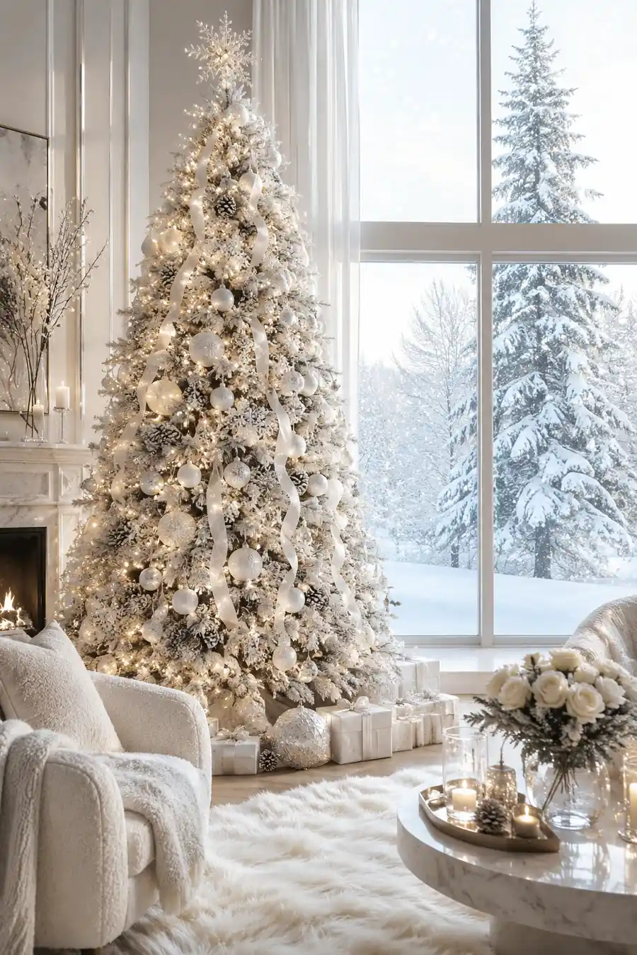 Modern White Flocked Christmas Tree with Snowy View — Christmas Tree Decorating