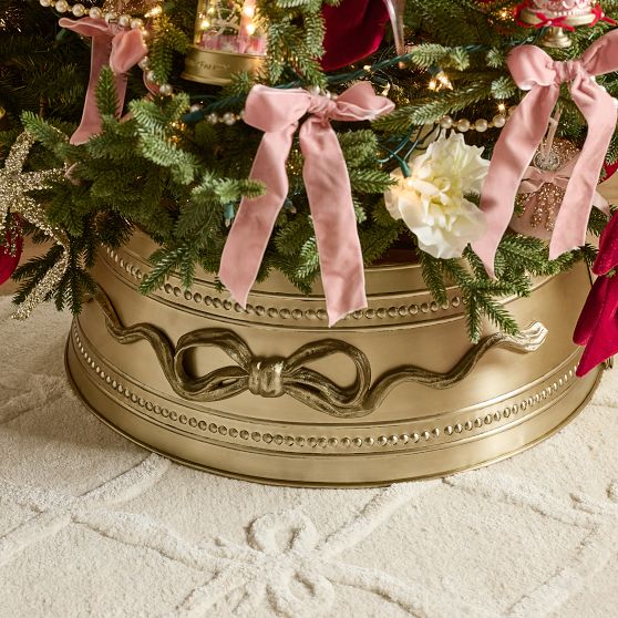 Traditional Gold Metal Tree Collar with Bow and Bead Detail — Christmas Tree Skirt