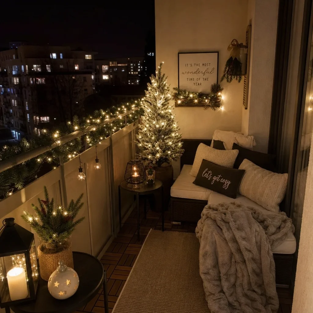 Modern Hygge Balcony with Fairy Lights and Plush Seating Modern Hygge Balcony with Fairy Lights and Plush Seating — Christmas Balcony Decor