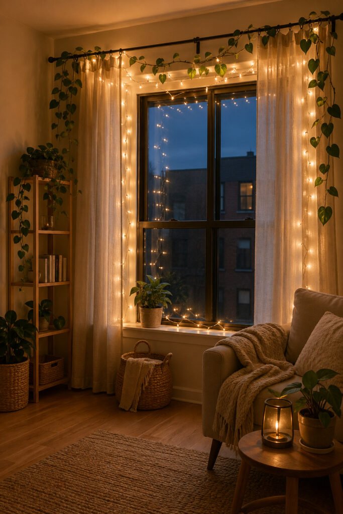 Cascading Fairy Lights on Shelving Around a Window — Christmas Fairy Lights Window