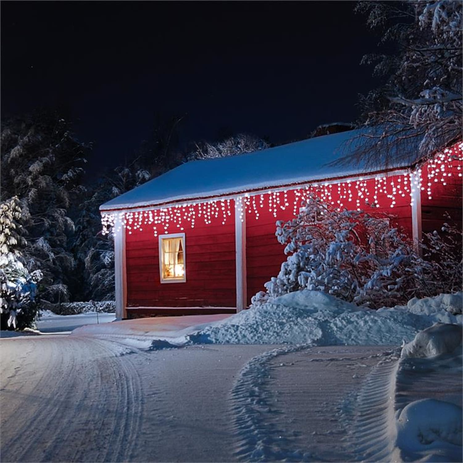 White Icicle Lights on a Vibrant Red House — Icicle Christmas Lights