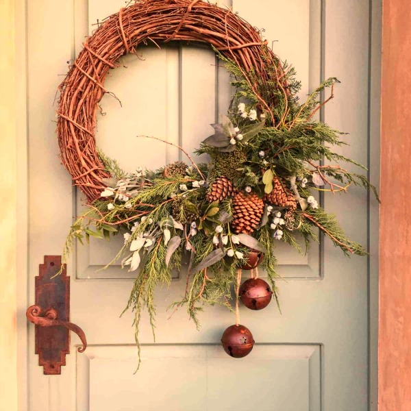 Grapevine Wreath with Pine and Antique Bells — Rustic Christmas Decor