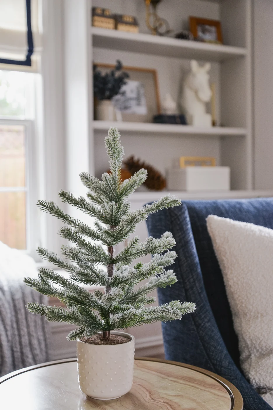 Small Flocked Tree in a White Textured Pot for Minimalist Winter Decor — Winter Decor After Christmas