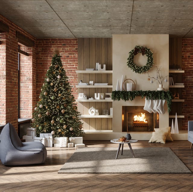 Modern Industrial Living Room with Brick Fireplace and Christmas Tree Modern Industrial Living Room with Brick Fireplace and Christmas Tree — Christmas Decor