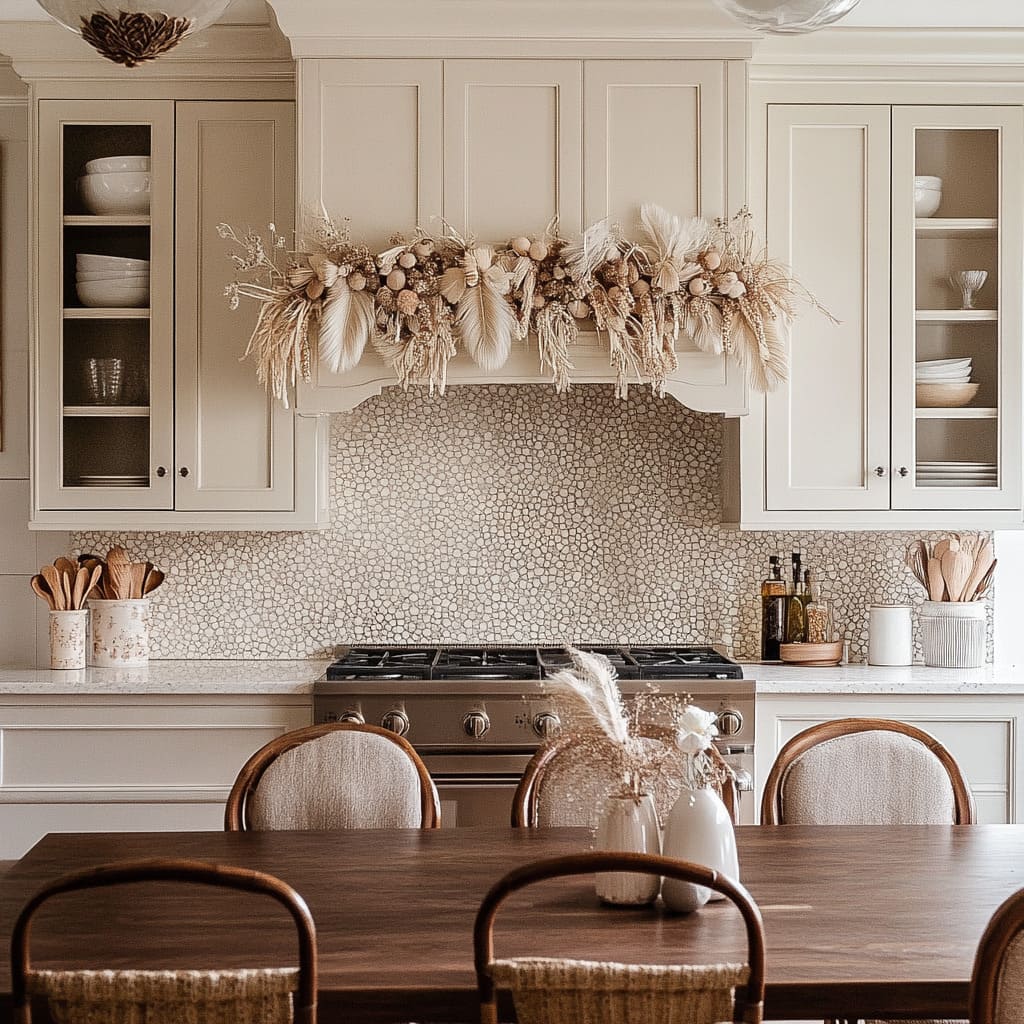 Farmhouse Kitchen Hood Decor with Dried Floral Arrangement — Farmhouse Christmas Kitchen