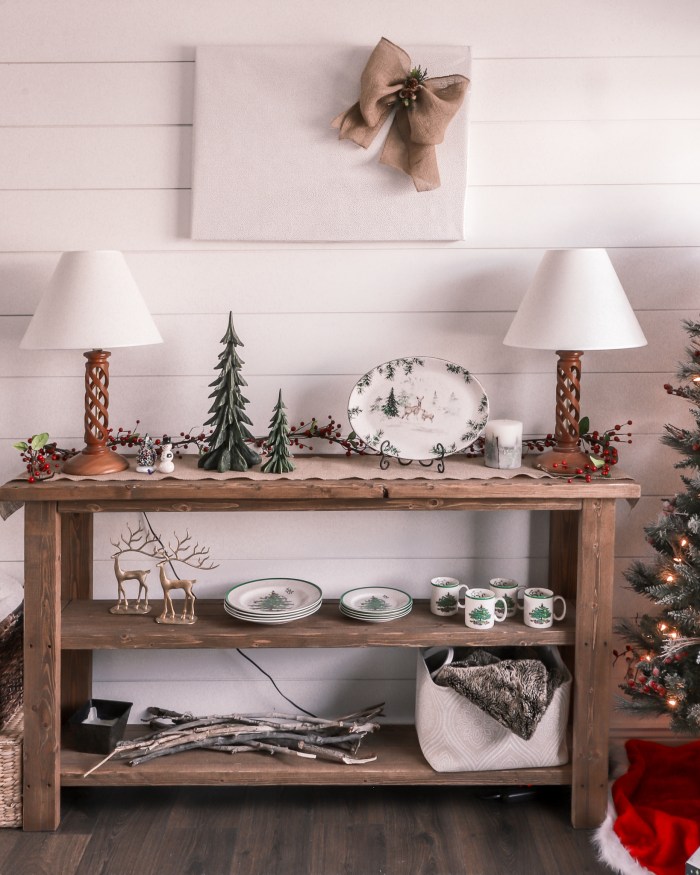 Rustic Console Table with Gold Deer and Miniature Trees Rustic Console Table with Gold Deer and Miniature Trees — Farmhouse Christmas Decor