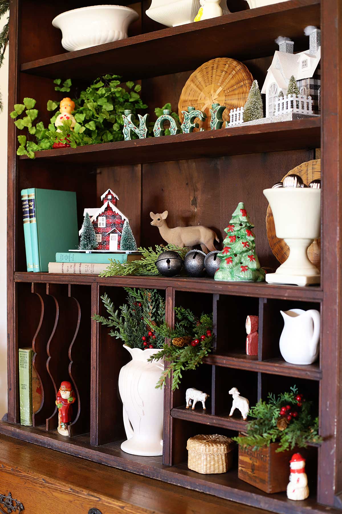 Vintage Christmas Charm on Dark Wood Shelves Vintage Christmas Charm on Dark Wood Shelves — Christmas Bookshelf Decor