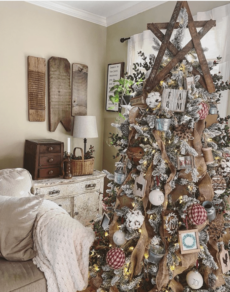 Flocked Farmhouse Tree with Unique Rustic Ornaments — Rustic Christmas Tree