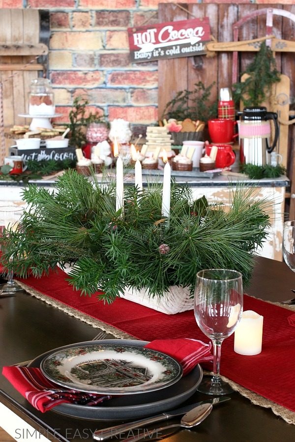 Farmhouse Pine Garland with White Candles and Red Runner Farmhouse Pine Garland with White Candles and Red Runner — Simple Christmas Centerpiece