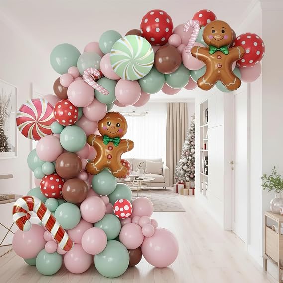 Gingerbread Christmas Balloon Arch Across a Doorway — Christmas Balloon Garland